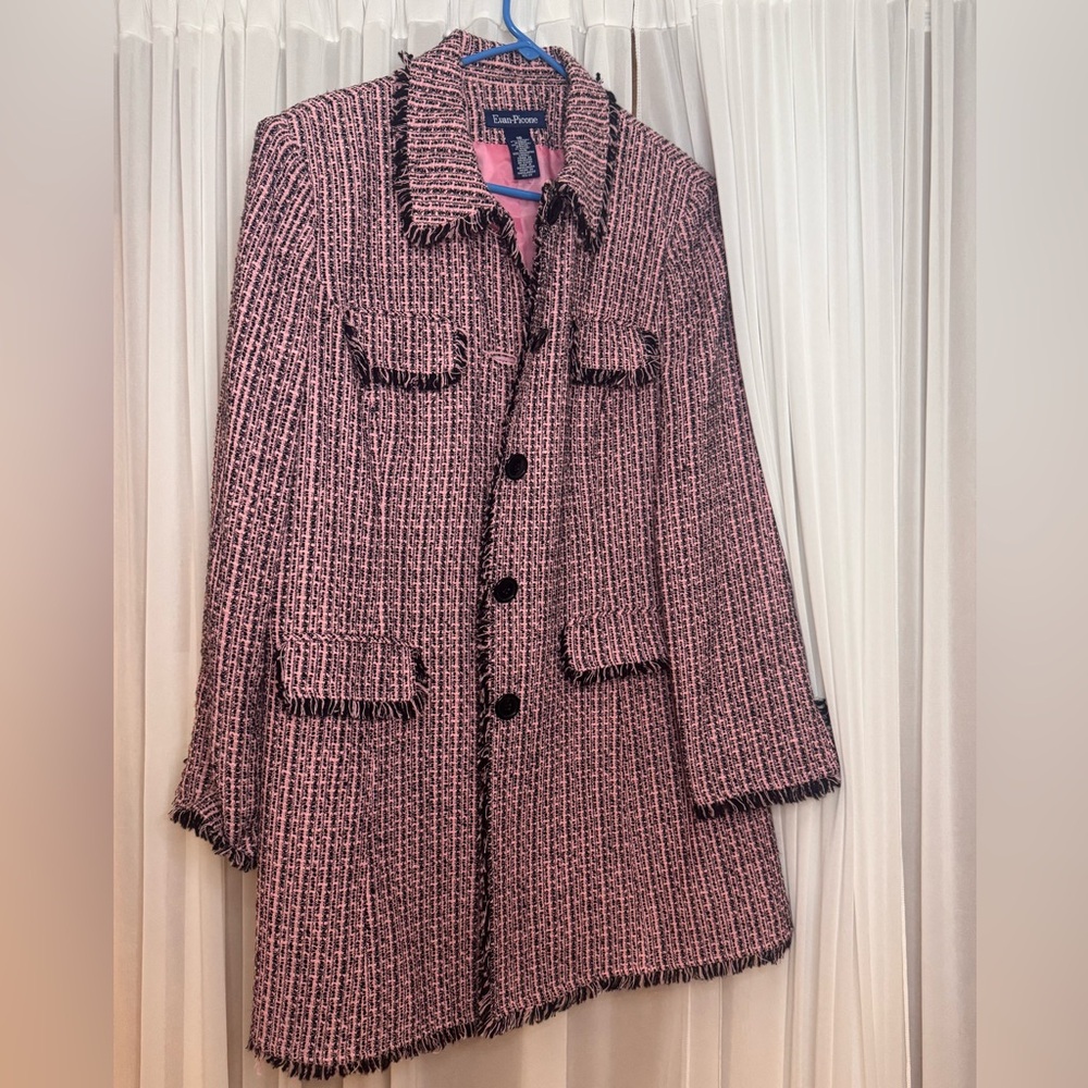 Vtg Y2K Evan-Picone Pink Black Tweed Jacket Womens Size 16 Fringe Retro Career